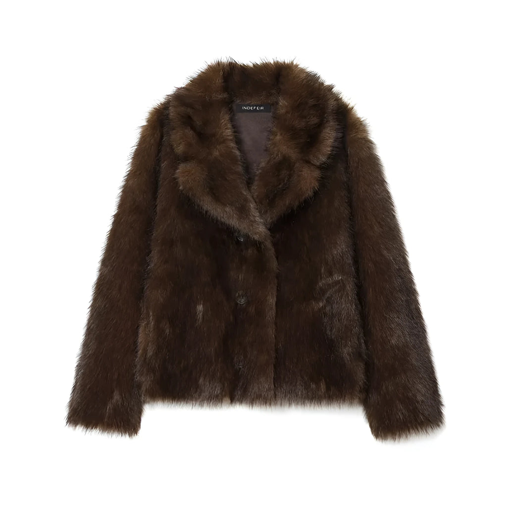 Women's double-sided artificial fur jacket coat in brown with faux fur collar