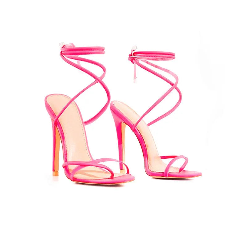 Candy bright toe strap high heels with microfiber upper and rubber sole in black, orange, rose red and yellow