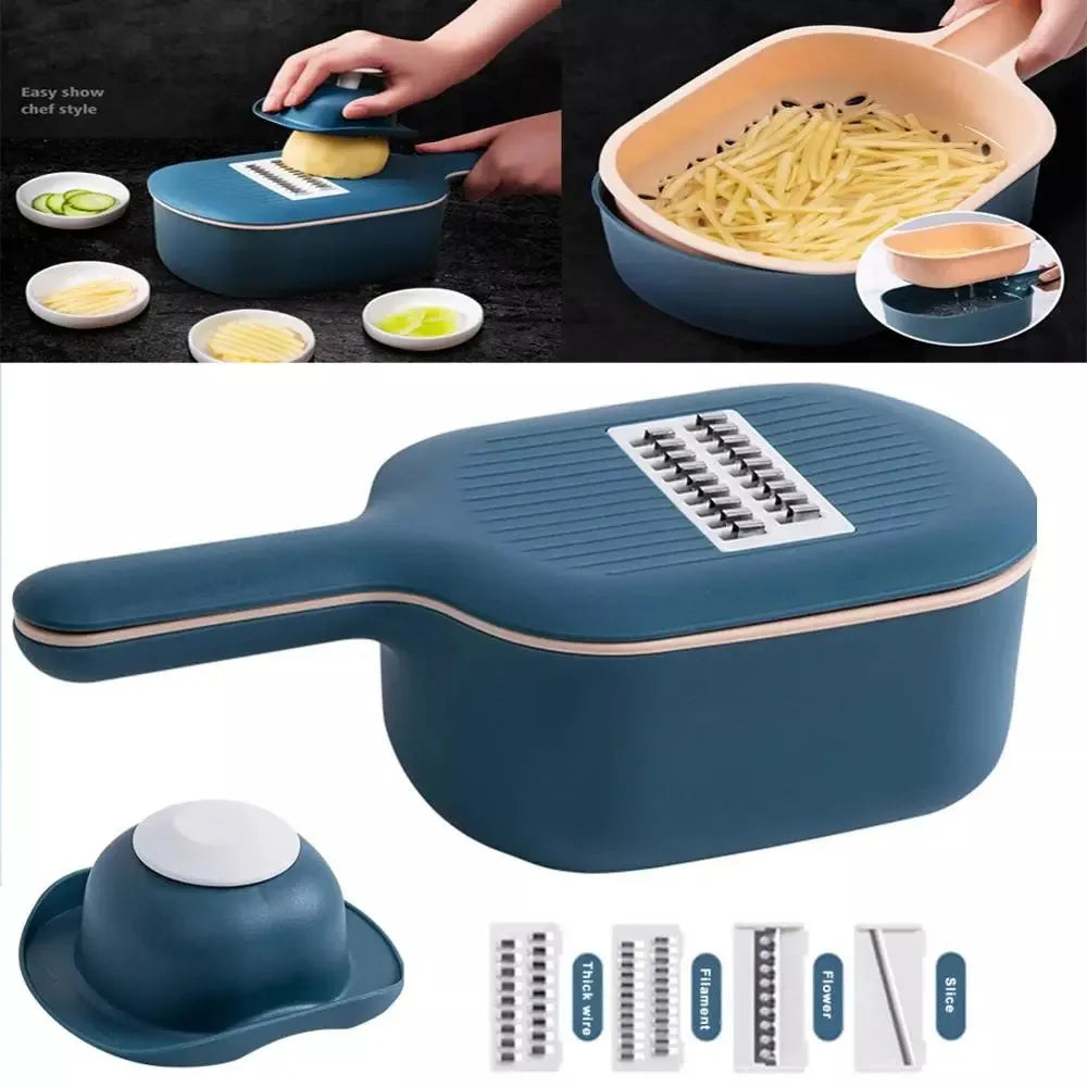 Vegetable cutter with four blades, hand protection, drain basket and bottom basin in dark blue, pink, white or light blue