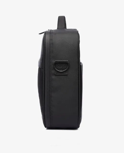 Black men's oxford fabric messenger bag showing its crossbody style and proportions.