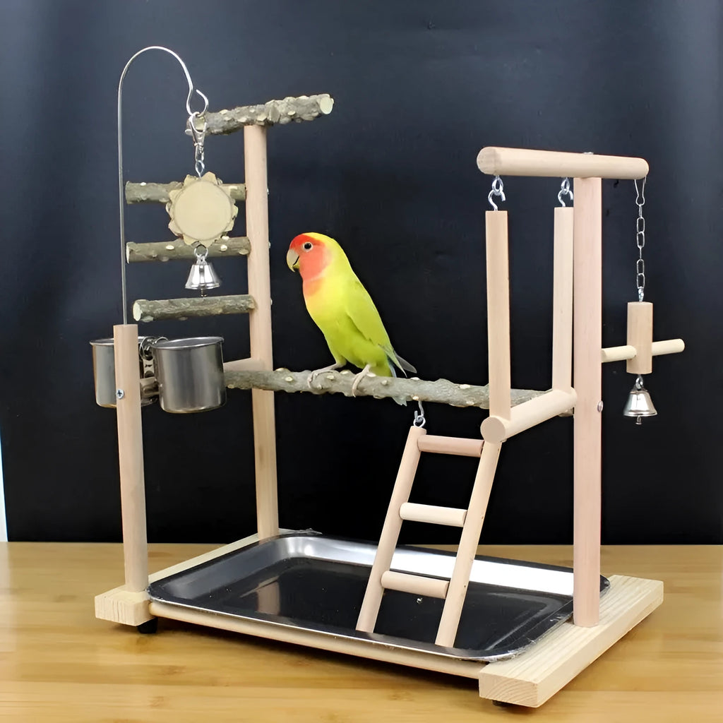 Large wooden parrot activity stand made from pepper wood with multiple vertical climbing poles.