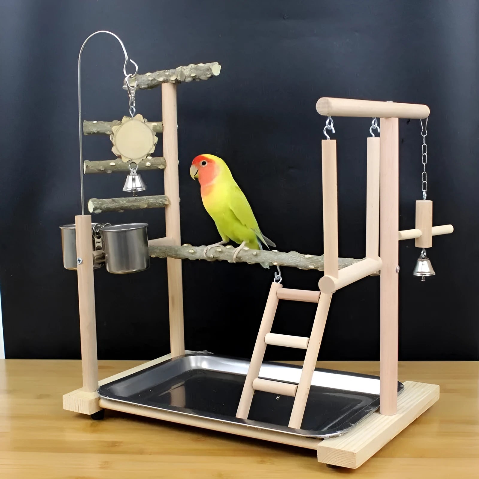Large wooden parrot activity stand made from pepper wood with multiple vertical climbing poles.