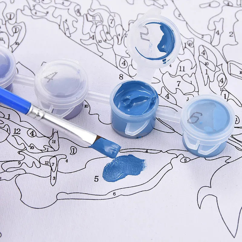 DIY sea view villa oil painting kit with blue colours on 40x50cm linen canvas, brushes, and acrylic paints