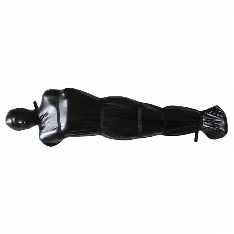 Black patent leather restraint set showing full body wrap harness and six ratchet tie down straps