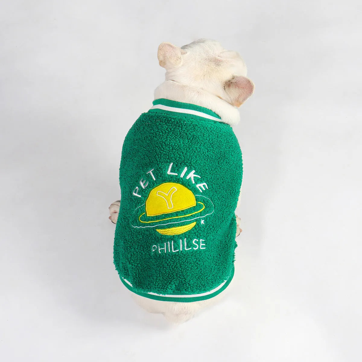 Green fleece-lined cotton dog winter coat showing size options L to 4XL