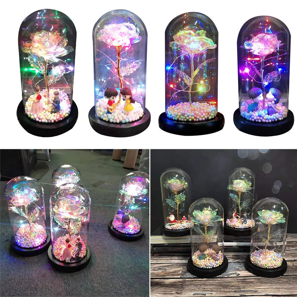 Glass dome eternal rose ornament with LED lights and gold flower for wedding or home decoration