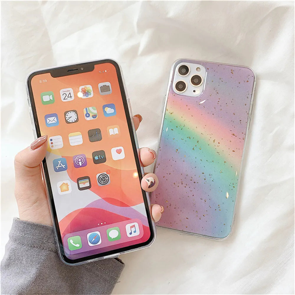 Rainbow gradient striped TPU protective case for iPhone on a white background.