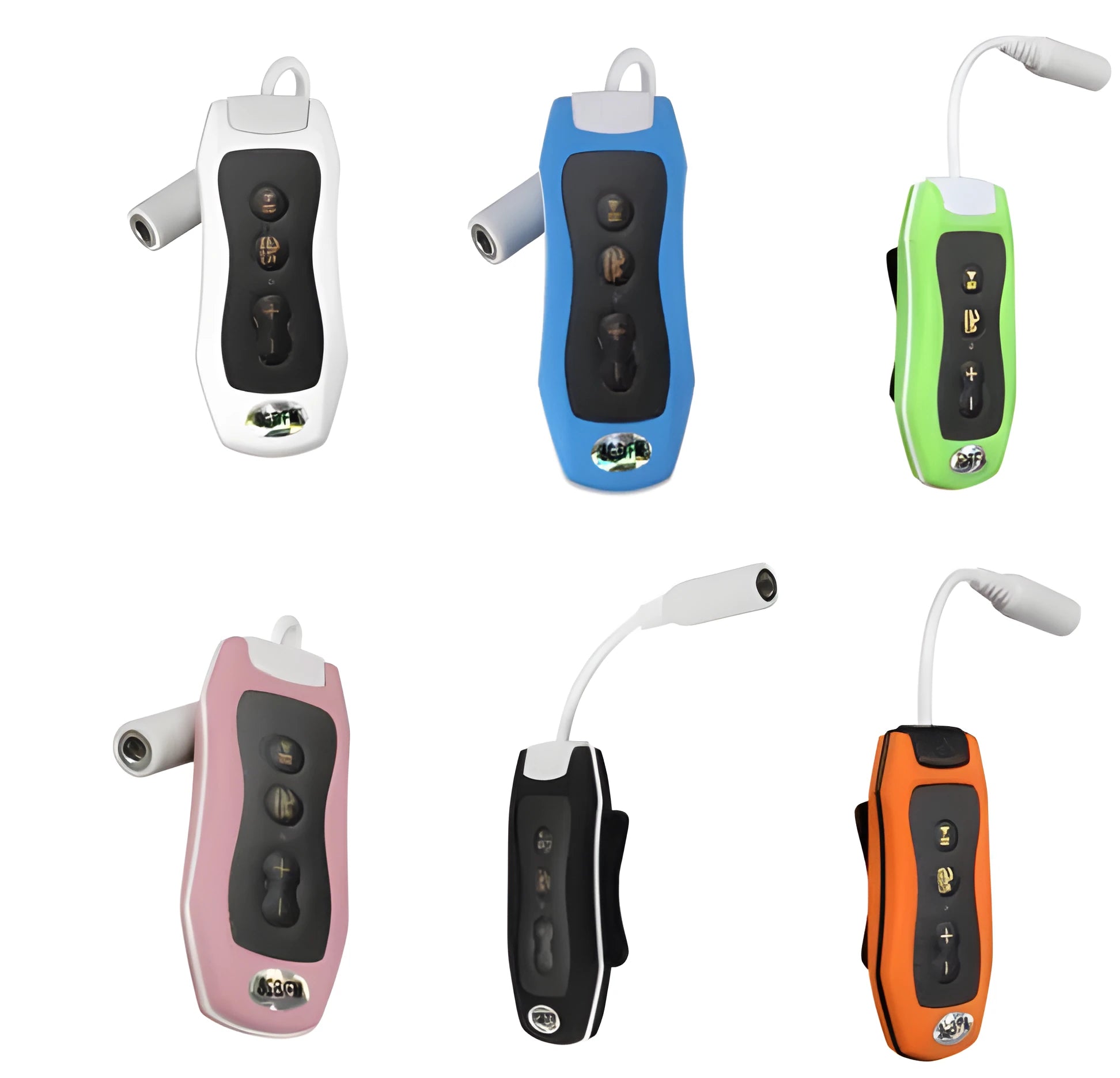Compact black waterproof MP3 player for swimming with a connected earphone.