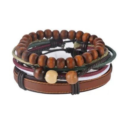 Hand-woven leather bracelet with wooden beads and adjustable design for vintage punk style
