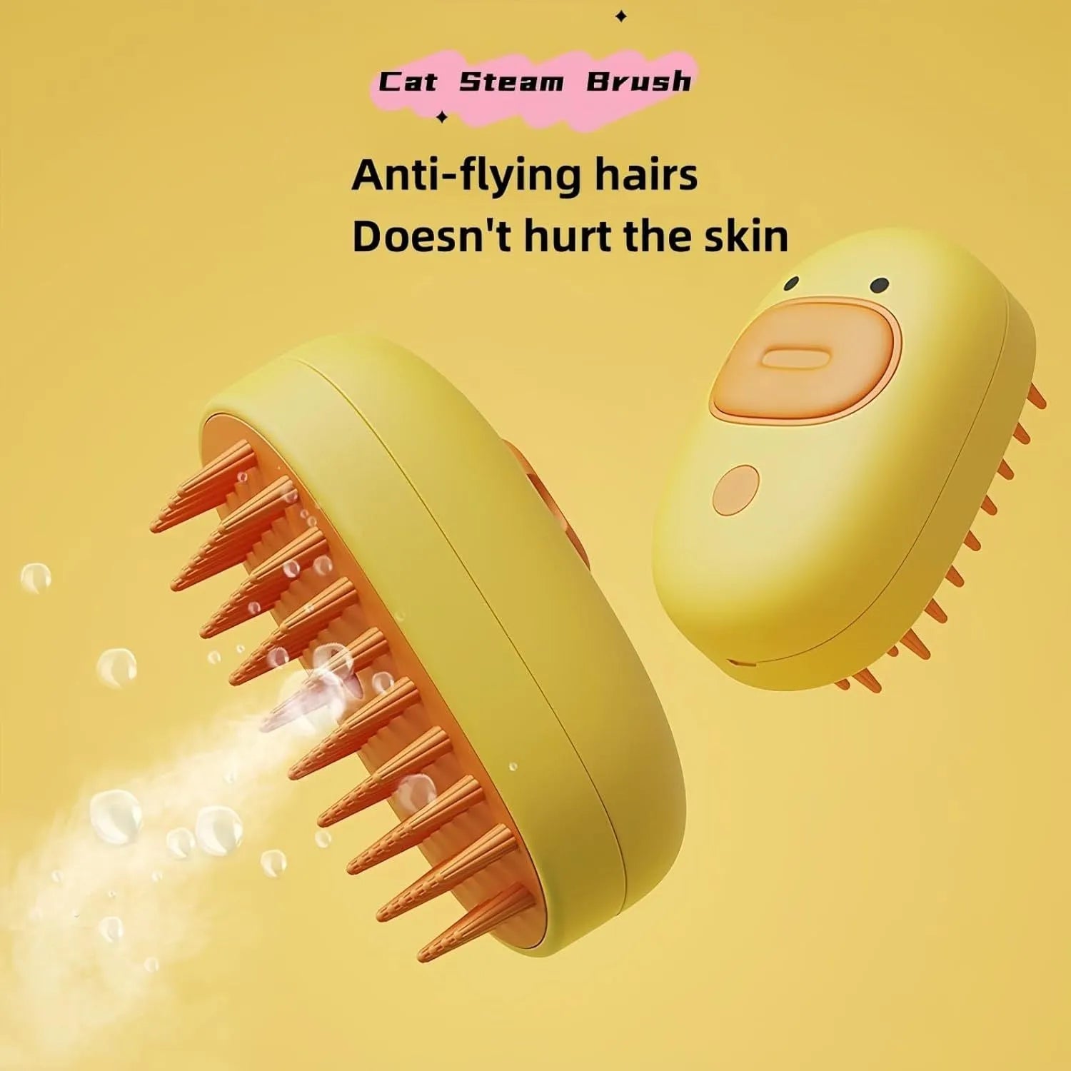 White or yellow pet steam brush with rubber comb teeth and rechargeable spray function
