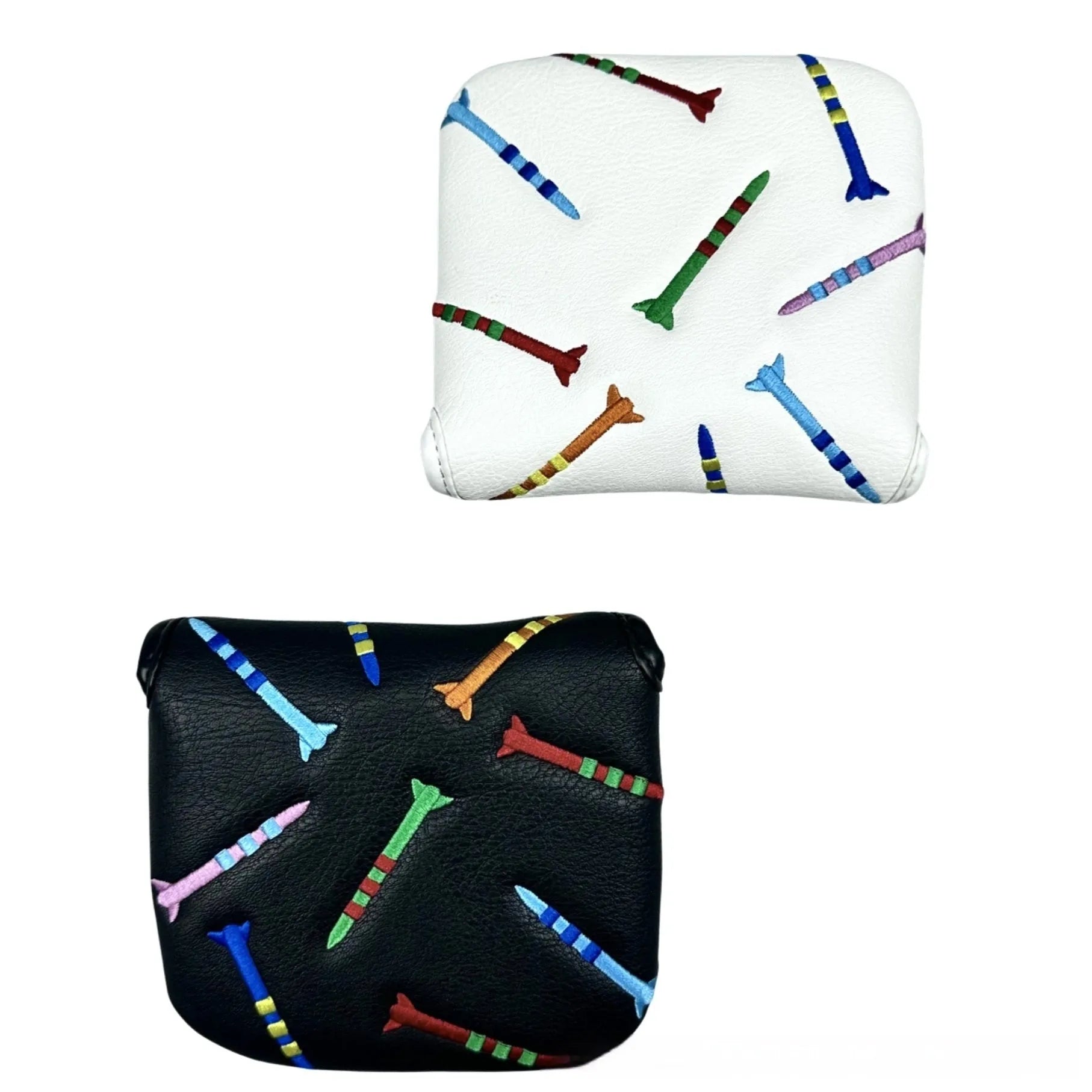 Square black golf putter protective sleeve with a white rocket pattern design.