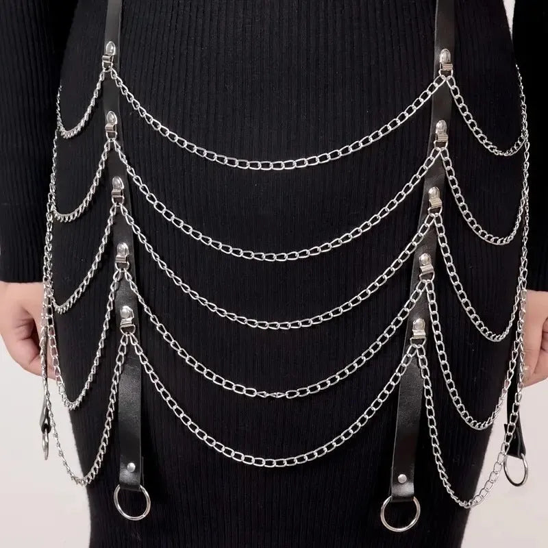 Black PU leather waist chain ornament with adjustable 110cm length draped for waist styling