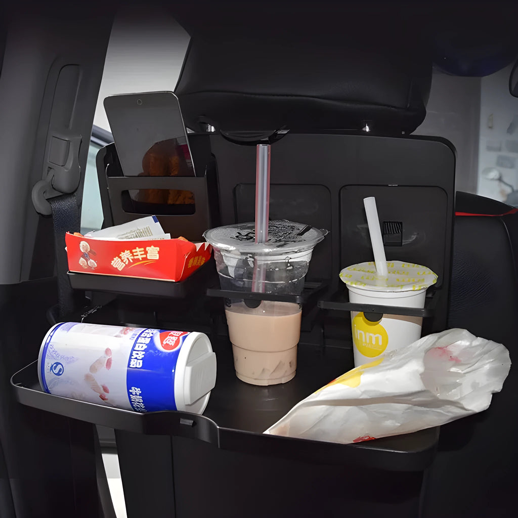 Car back seat folding table in black PP plastic with large tray for drinks and snacks, size 340x200x30mm