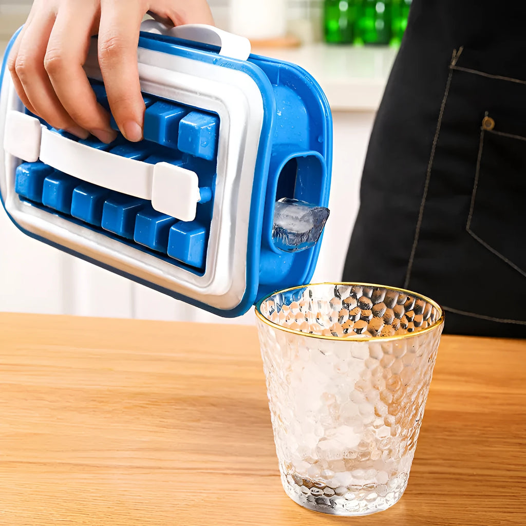 Blue silicone ice cube tray with 36 grids on a white background showing lid and one removed cube