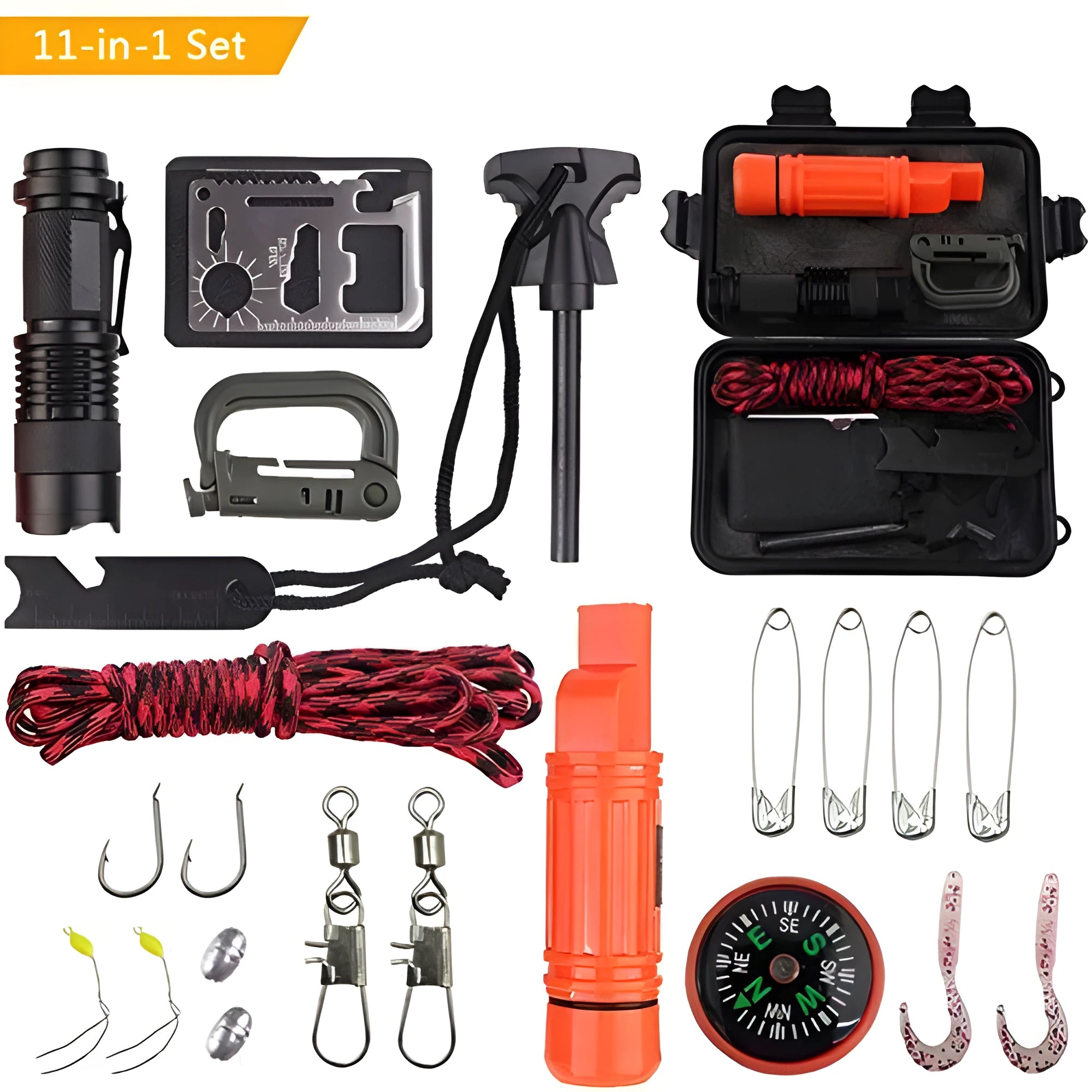 Black outdoor survival tool set box with compass, whistle, fire stick, carabiner, rope, and fishing accessories arranged on surface