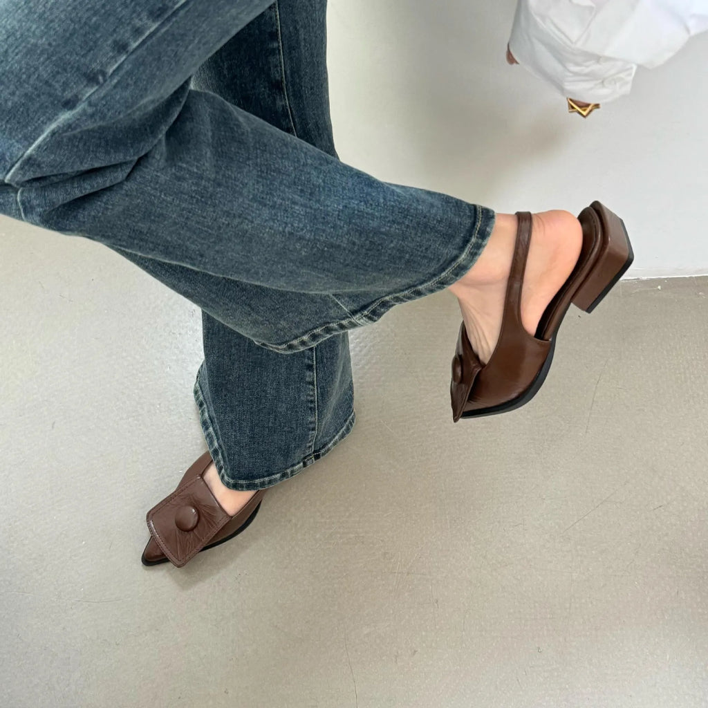 Women's low-heel pointed toe sandals with closed front and back strap in multiple colour options