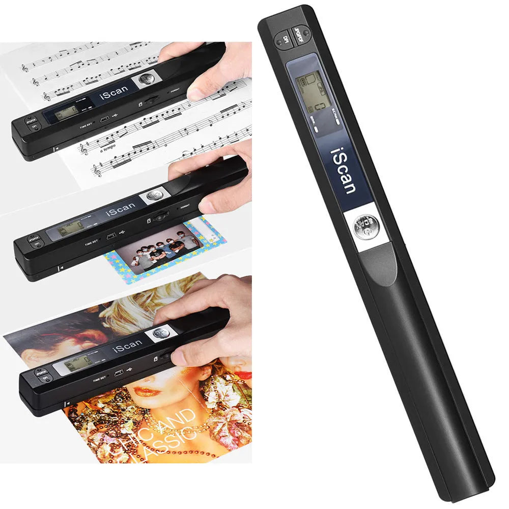 Handheld USB scanner in plastic housing shown in multiple colour options: black, blue, green, red, and silver.