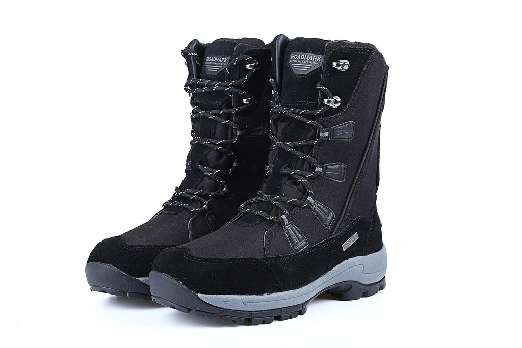 Women's mid-calf thermal snow boots in black with a genuine leather upper and rubber sole.