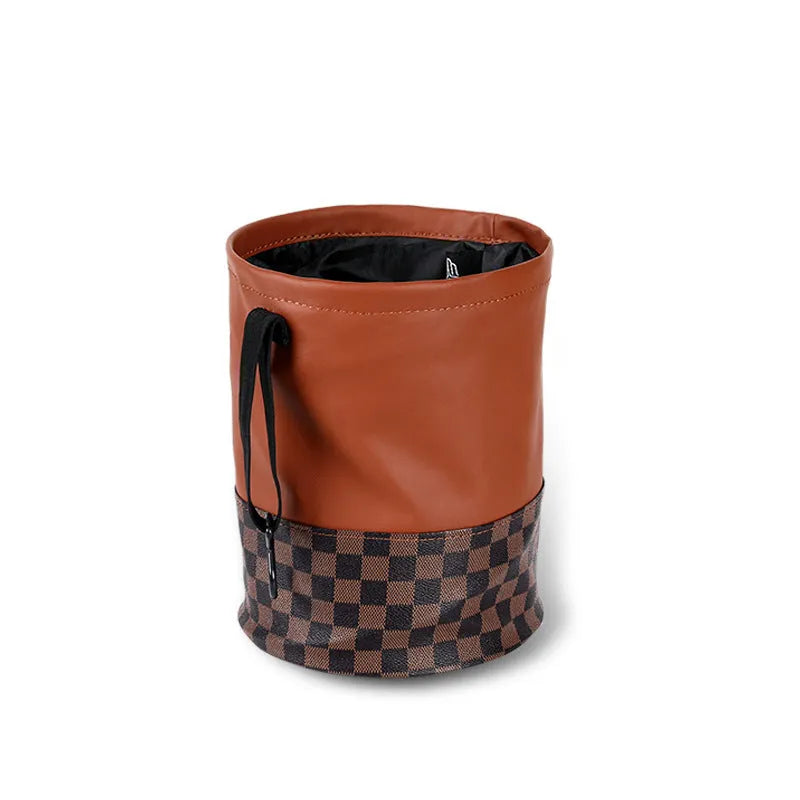 Leather folding car interior trash can shown in single colour option with handle