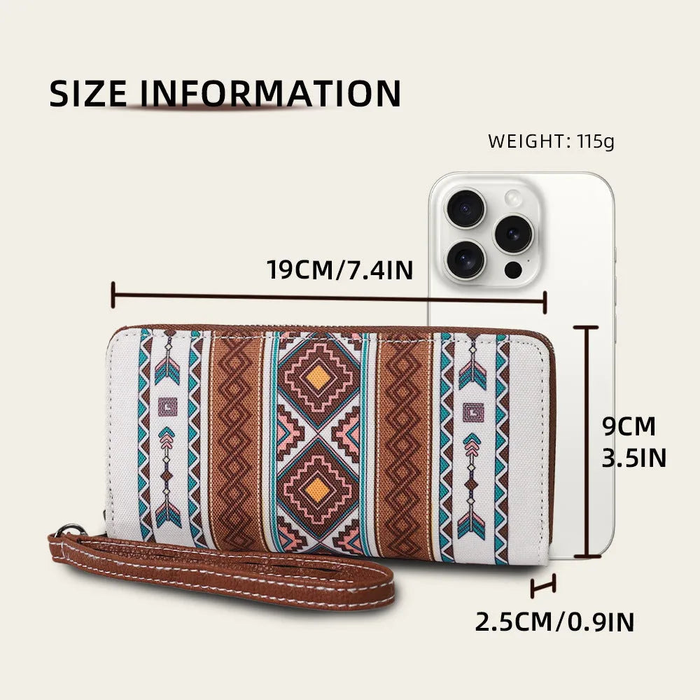 Bohemian stripe pattern RFID wallet in multiple colours showing 20x10x2cm dimensions