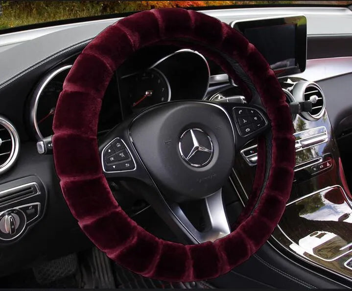 Thick velvet steering wheel cover in beige, non-slip, heavy high density plush, fits 37-38cm steering wheels