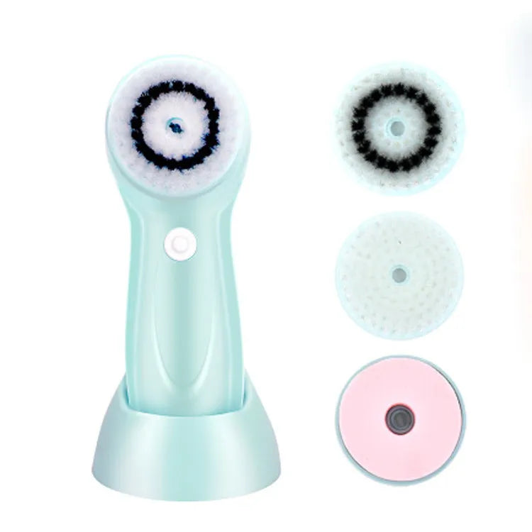 Waterproof face wash cleansing instrument in blue with brush head, sponge, and base for daily exfoliation