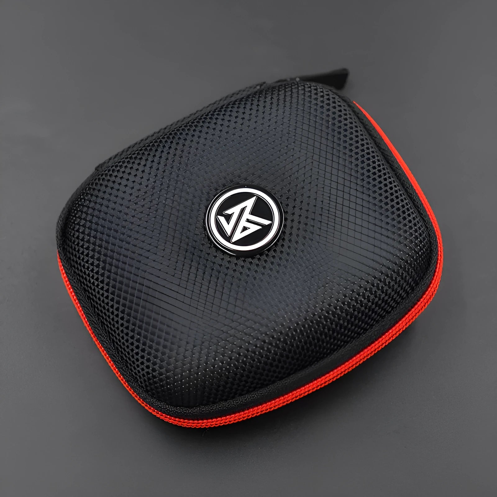 EVA anti-pressure earphone storage bag in black with zipper closure on white background