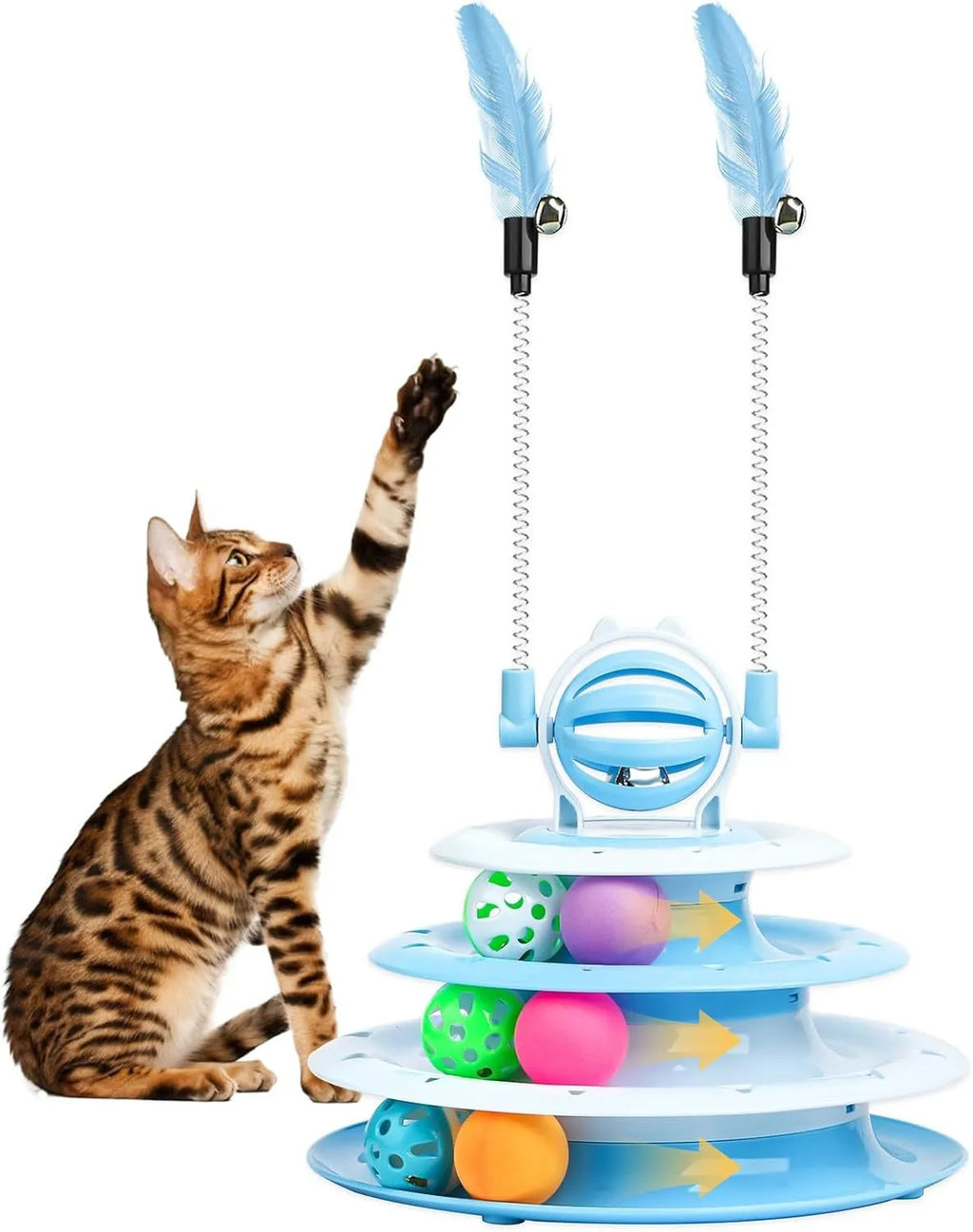 Blue 4-tier cat puzzle toy with 6 sliding balls and teasing rods on circular track
