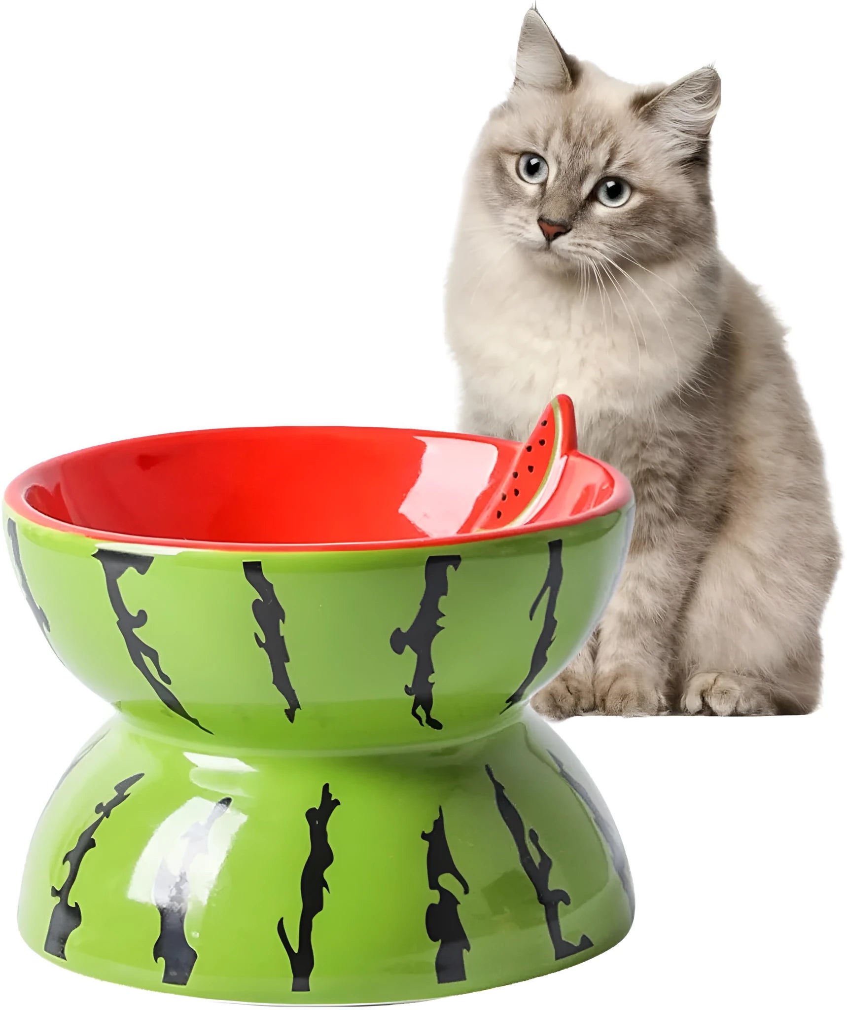 Ceramic raised cat bowl in orange pattern, showing tilted wide dish on non-slip base.