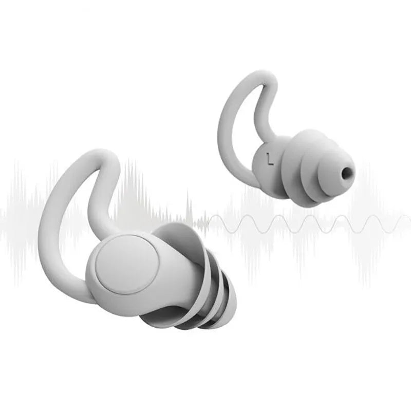 Anti-noise silicone sleep earplugs in black and grey with shark fin shape, 17mm x 14mm, two pairs