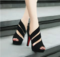 Black suede fish mouth high heel Rome sandals with ankle strap on white background