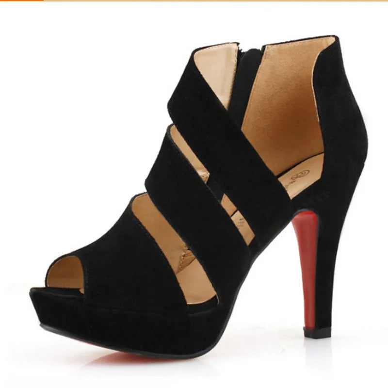 Black suede fish mouth high heel Rome sandals with ankle strap on white background