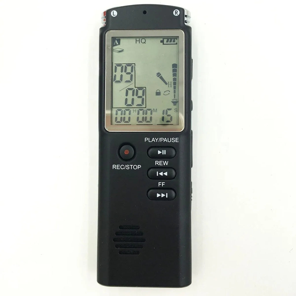 USB professional digital voice recorder with external microphone, compact black design.