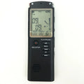 USB professional digital voice recorder with external microphone, compact black design.