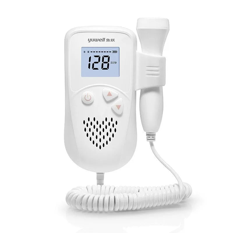Fetal heart rate monitor with LCD screen and 2.5MHz waterproof probe on a pink background