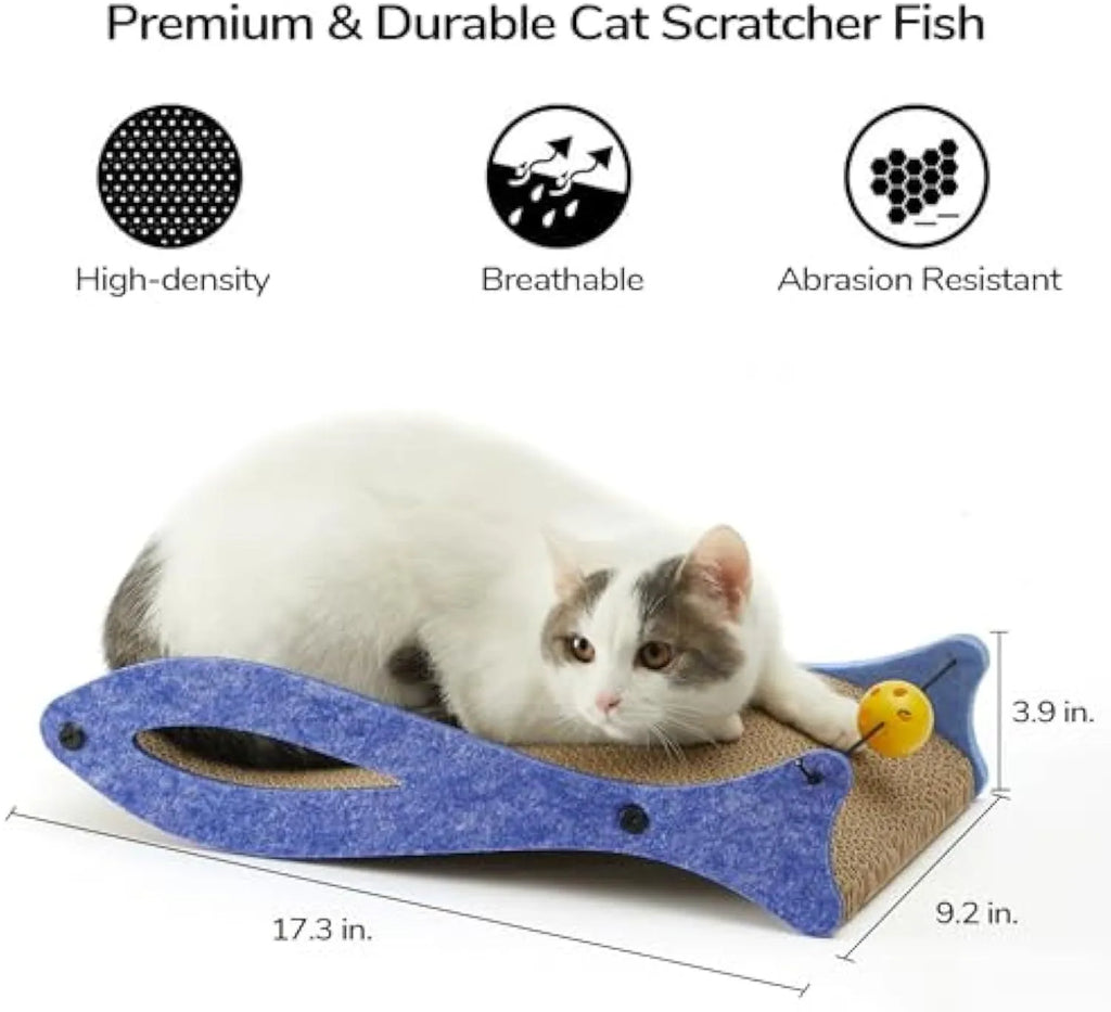 Blue fish-shaped cardboard cat scratcher lounge with a red bell ball toy on an elastic cord.