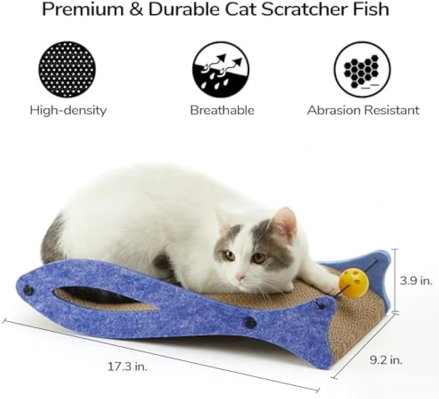 Blue fish-shaped cardboard cat scratcher lounge with a red bell ball toy on an elastic cord.