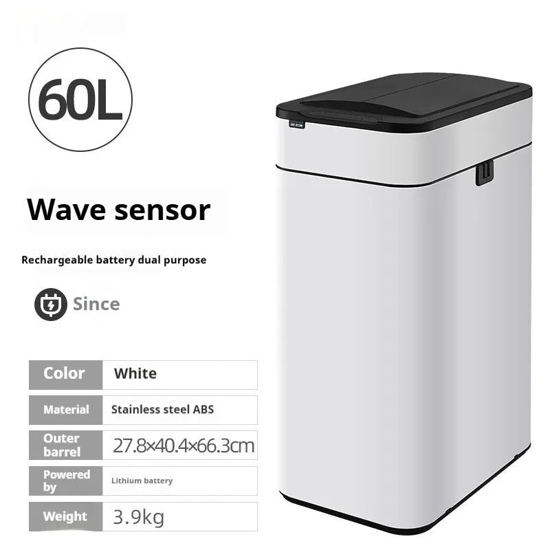 Stainless steel square inductive smart trash can with automatic sensor lid and deodorant function.