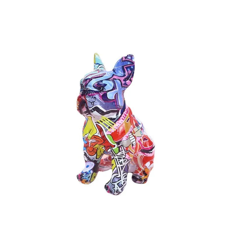 Modern simple resin bulldog statue in graffiti colour on a shelf