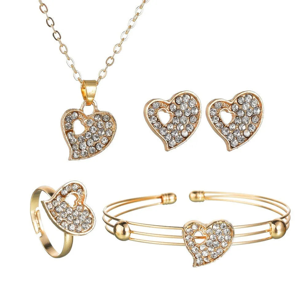Gold electroplated women's jewellery set with love, water drop and bell pendants on adjustable chain