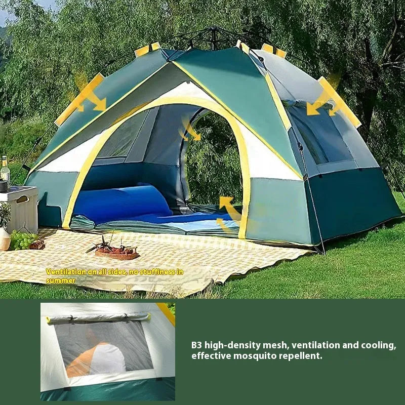 Dark green automatic quick-open camping tent for 3-4 people set up in an outdoor field.
