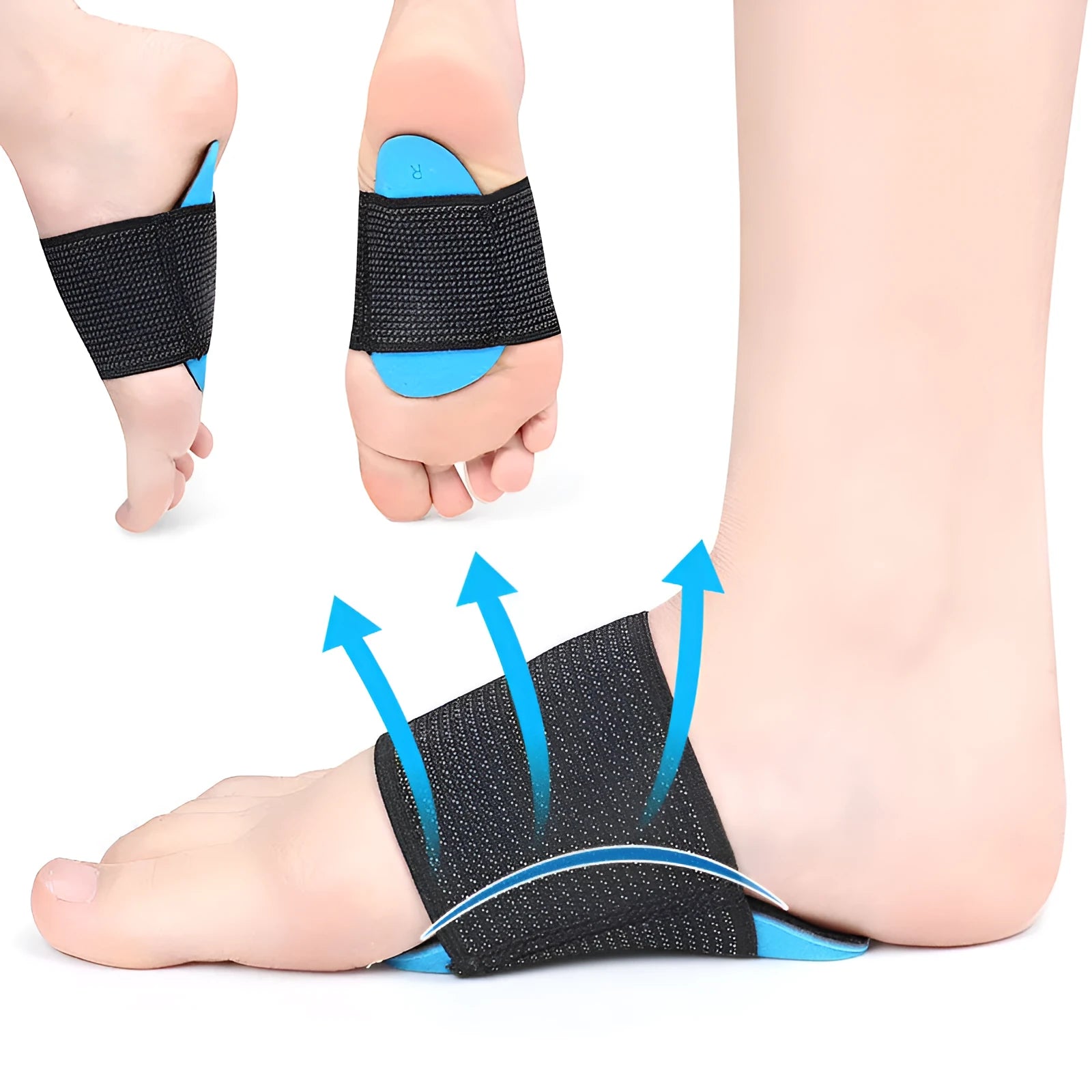 Blue elastic bandage foot pads for arch support in adult and children sizes