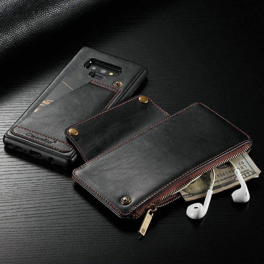 Black PU leather flip phone case for Samsung Galaxy Note9 showing card slots and magnetic closure.