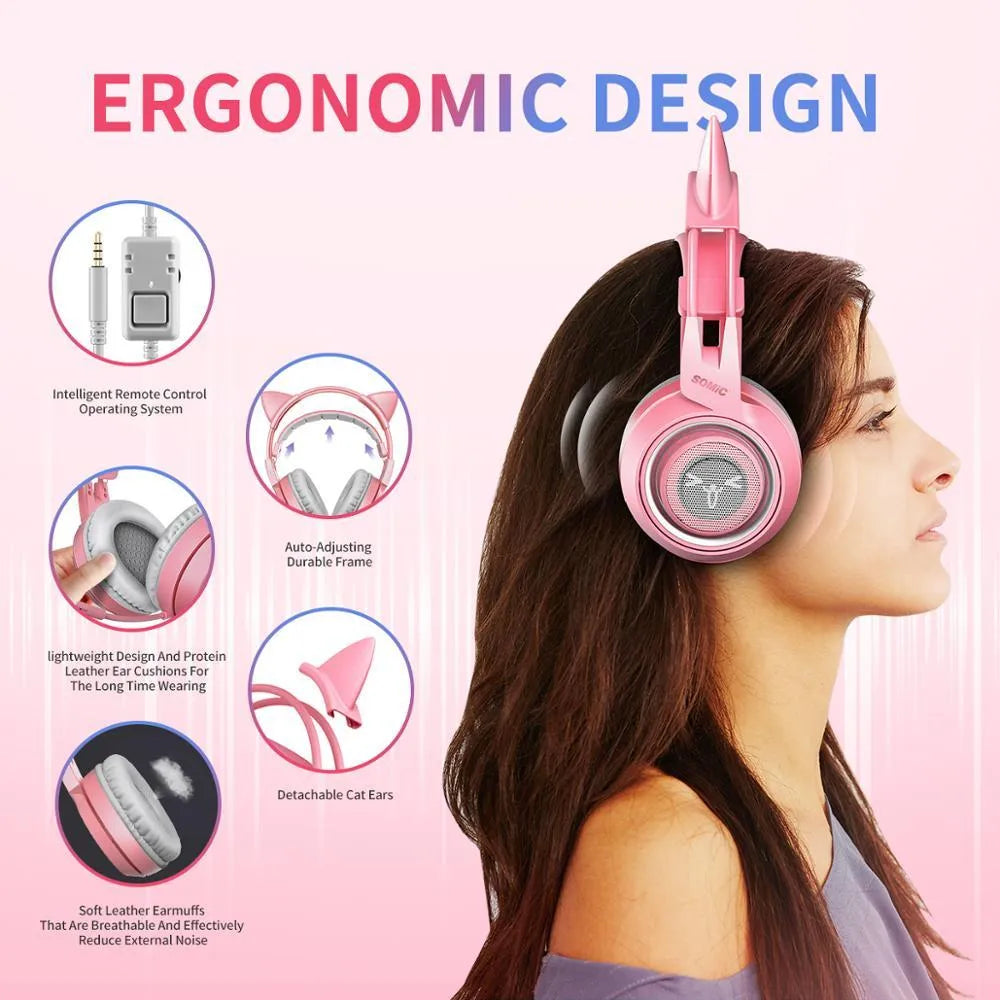G951s pink cat ear gaming headset with 3.5mm plug, built-in mic, and adjustable headband