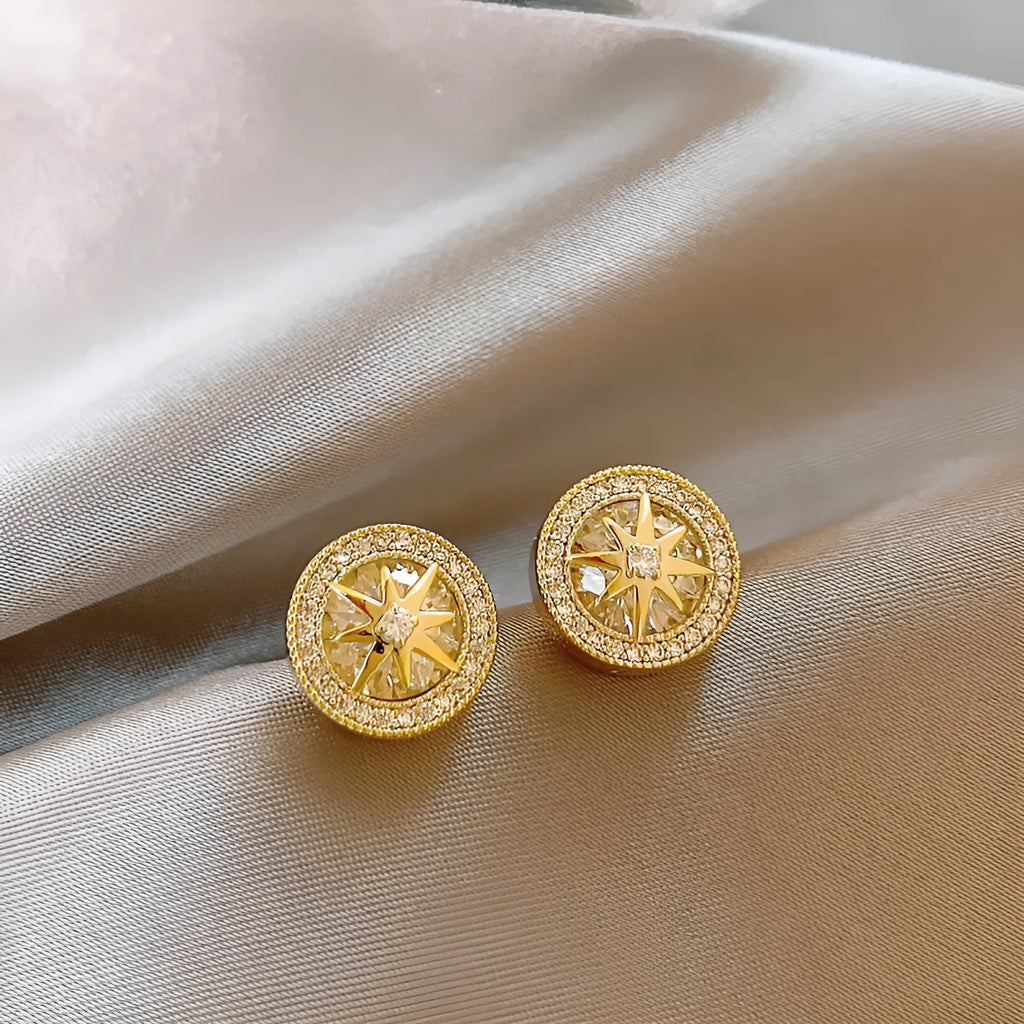 Zircon stud earrings for women copper inlaid eight-pointed star real gold plated Japanese Korean style