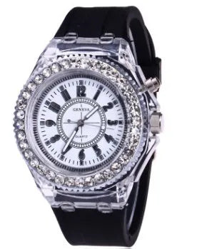 Geneva women's LED luminous quartz watch with silicone strap and round 43mm dial