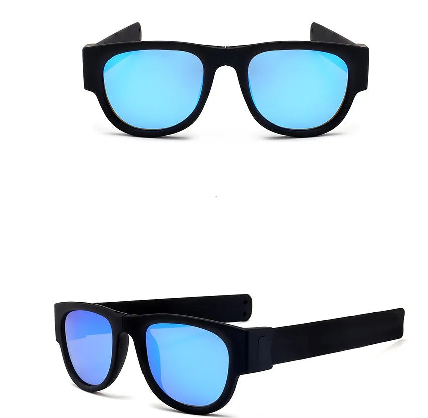 Folding bracelet sunglasses with polarized UV400 resin lens on wrist, black colour