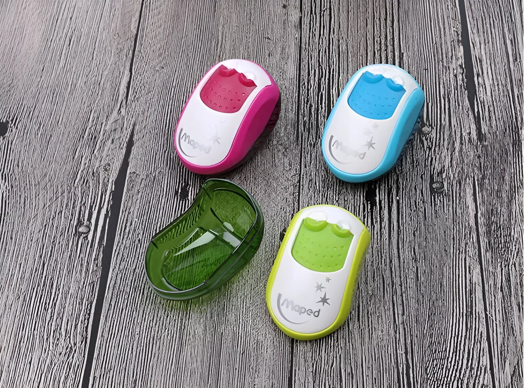 Single hole pencil sharpener with solid closed hole design, for normal and thick rod pencils, random colour