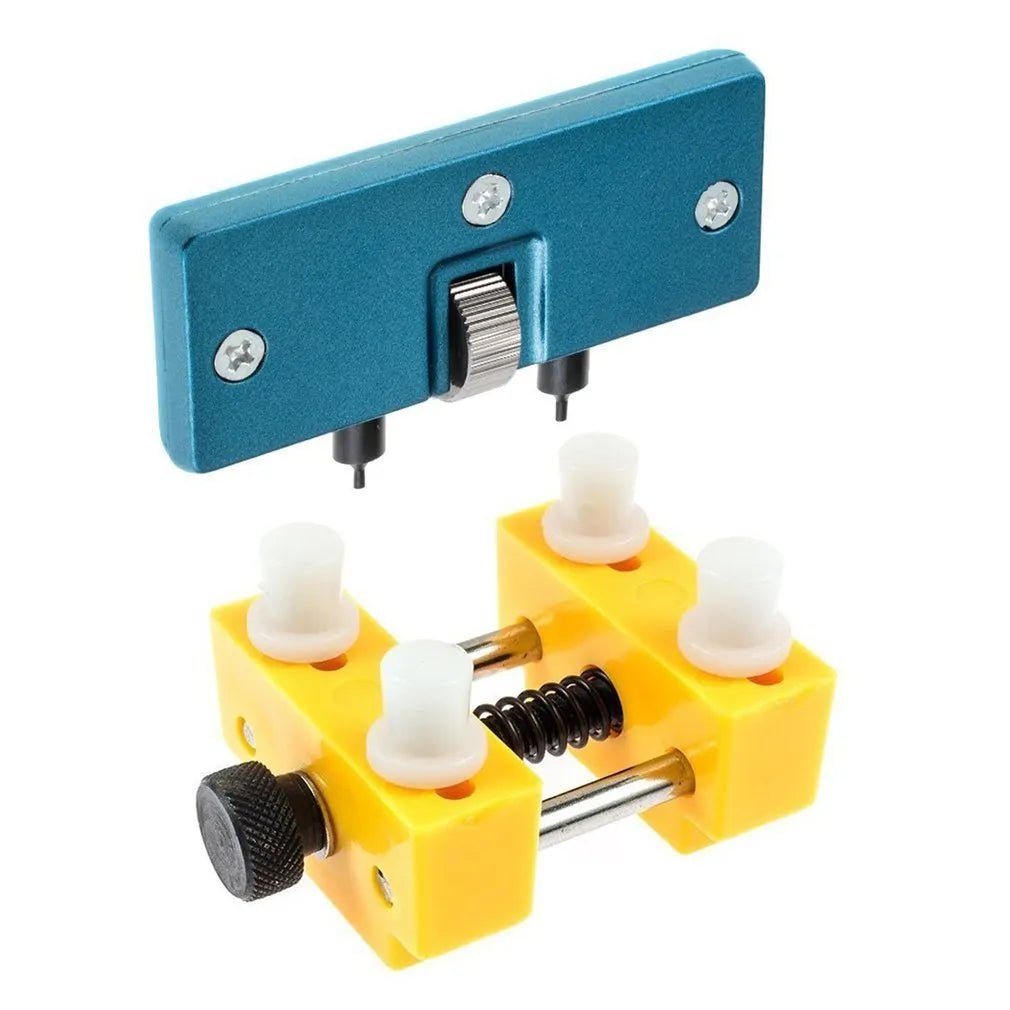 Watch repair case opener kit with plastic housing opener, yellow watch fixing base and four fixed pillars, 40 x 40 x 45mm