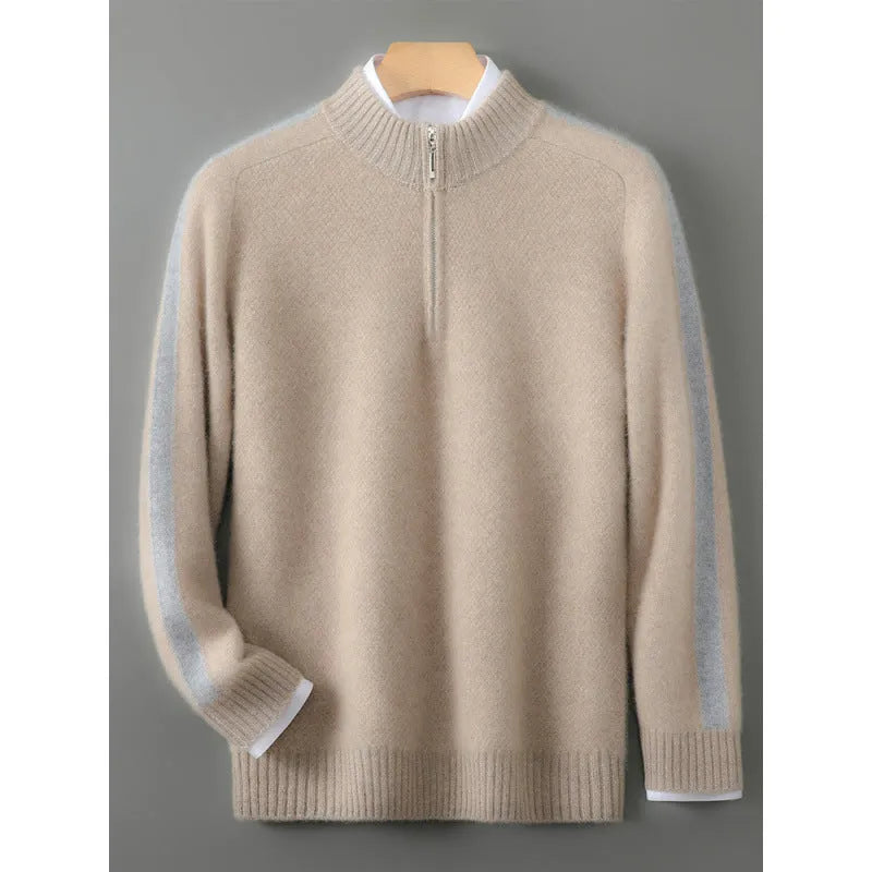Slim-fit half-zip knitted sweater in sheep wool, shown in raw velvet camel colour